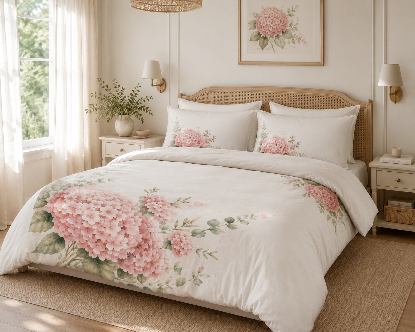 Blush Hydrangea Bedding Set | Soft Pink Floral Duvet Cover | Watercolor Botanical Bedding | Cottagecore Bedroom | SOLEN ART