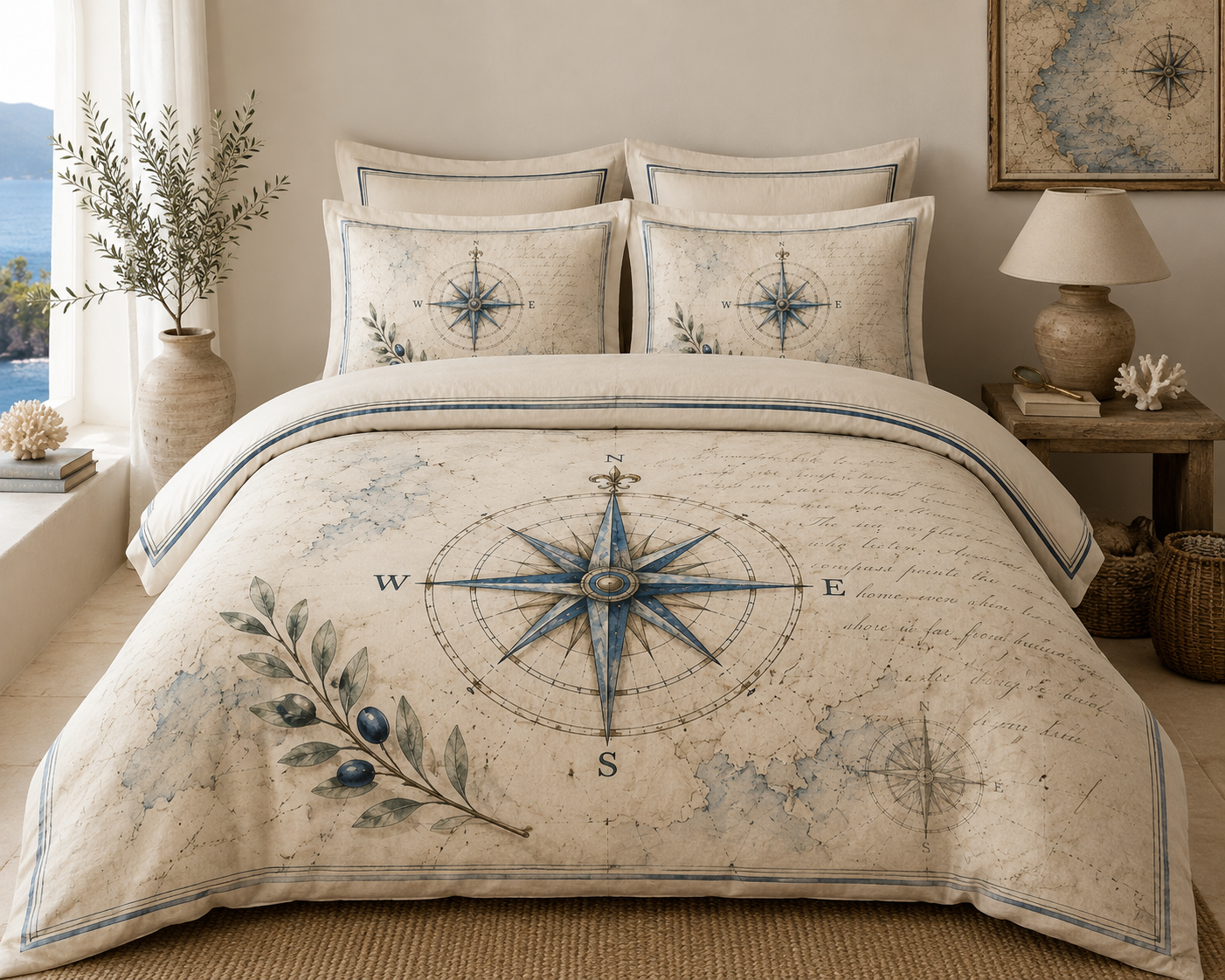 Old Compass Duvet Cover | Vintage Nautical Bedding | Coastal Bedroom Decor | Mediterranean Map Bedding | Ancient Sea Collection | Compass Rose Quilt Cover
