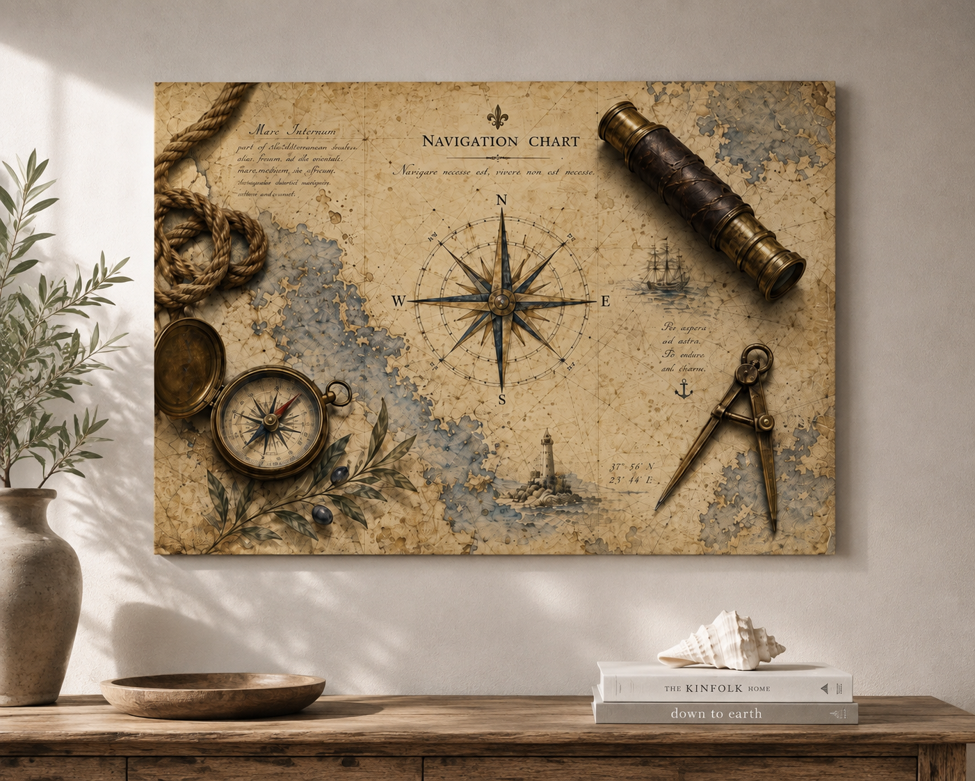 Navigation Chart Wall Art |- Vintage Nautical Map Print - Antique Compass Decor - Mediterranean Maritime Art - Solen Art
