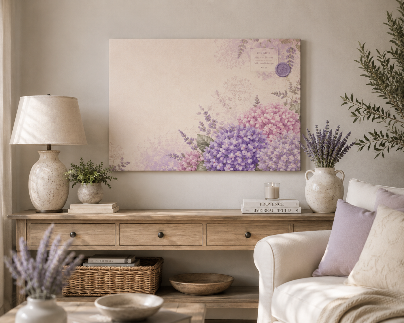 Lavender Mist Wall Art - Purple Hydrangea Botanical Print -  Cottagecore Floral Artwork - SOLEN Art