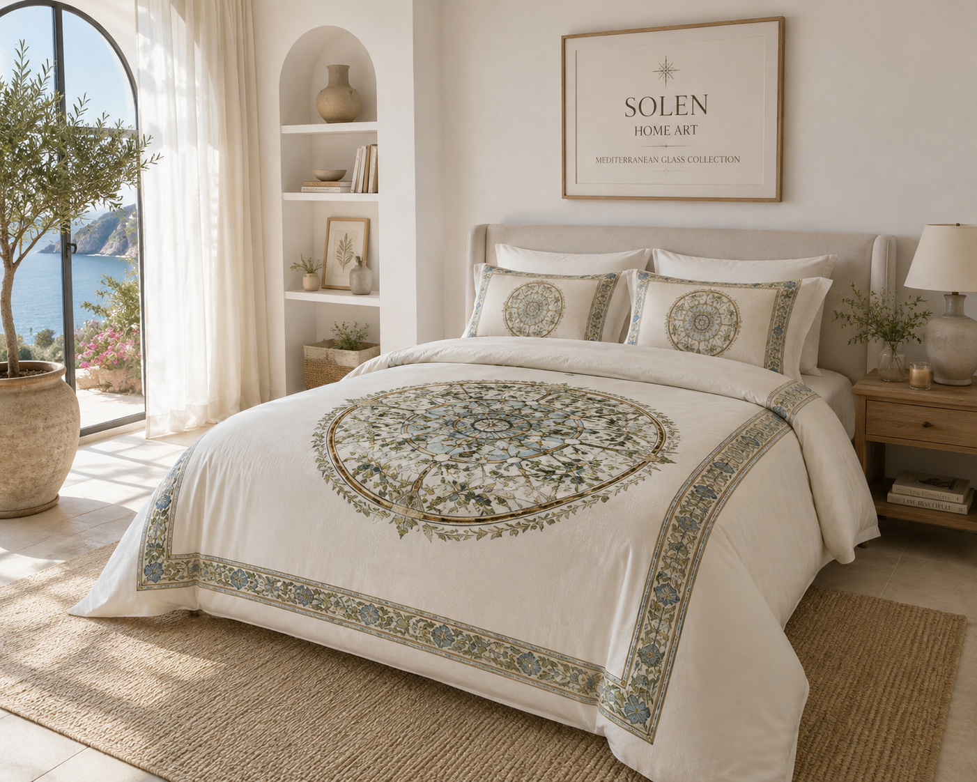 Mediterranean Glass Collection Bedding Set - Luxury Coastal Bedroom Decor - Blue & Sage Floral Bedding - Solen Art