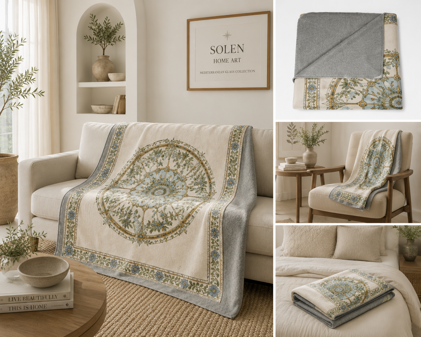 Mediterranean Glass Collection Sherpa Blanket - Botanical Throw Blanket - Luxury Sofa Blanket - Solen Art