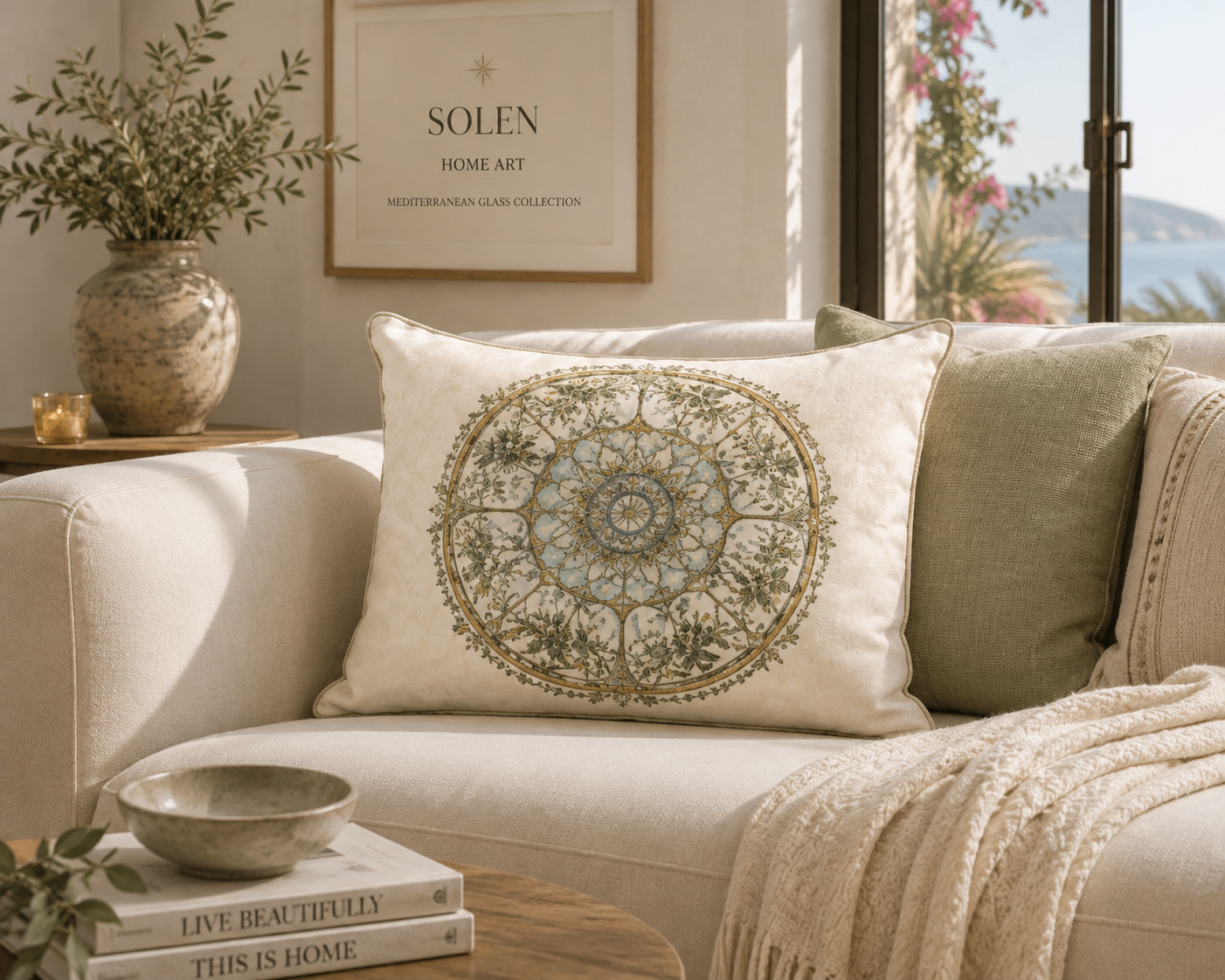 Mediterranean Glass Collection Pillow Cover | Botanical Throw Pillow | Stained Glass Cushion | Coastal Home Decor | Luxury Accent Pillow