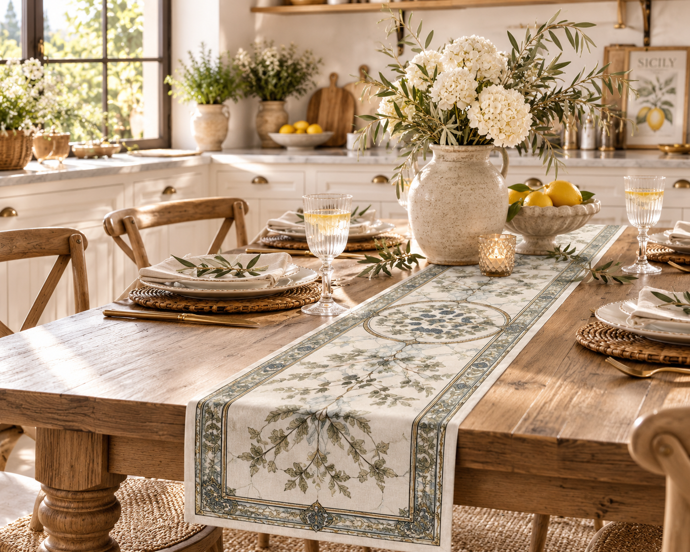 Mediterranean Glass Collection Table Runner - Botanical Table Runner - Luxury Dining Decor - Coastal Table Decor