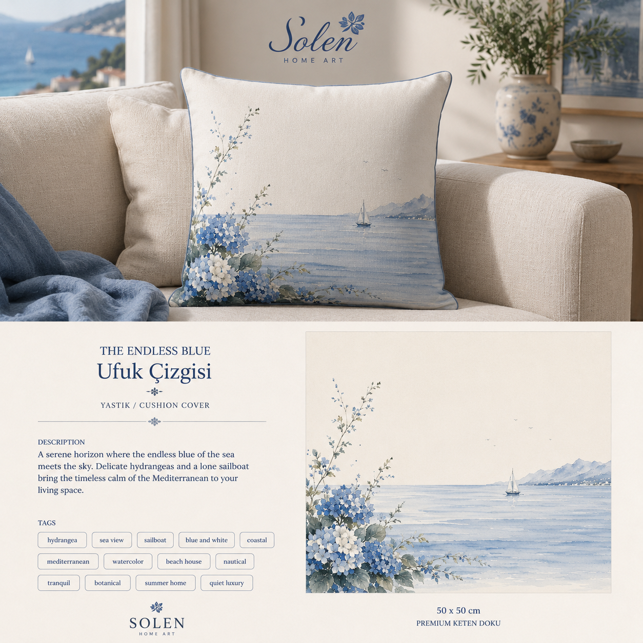 Coastal Watercolor Pillowcase — Blue Seaside Sailboat Decorative Pillow