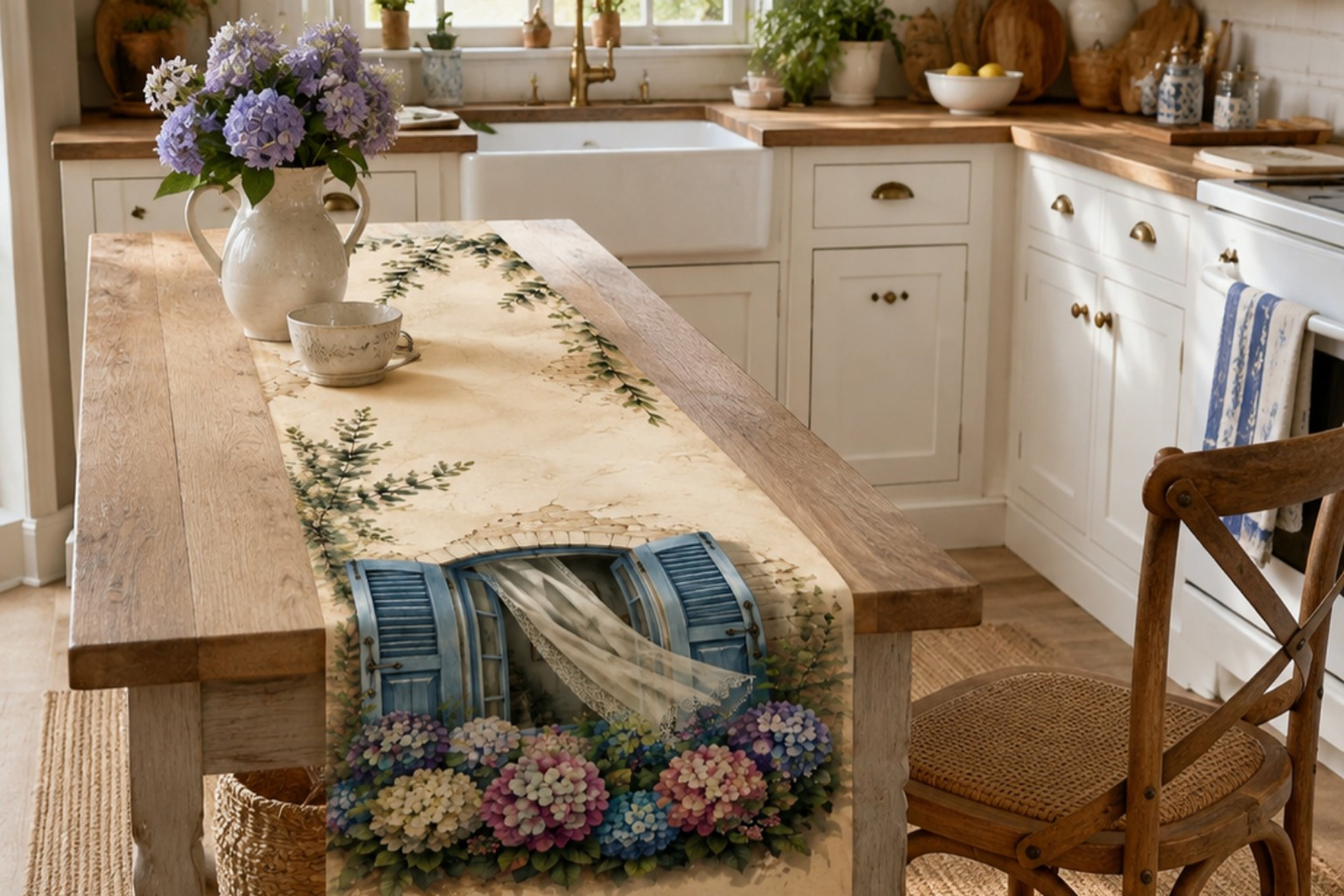 Blue Window Hydrangea Table Runner - Mediterranean Floral Table Decor