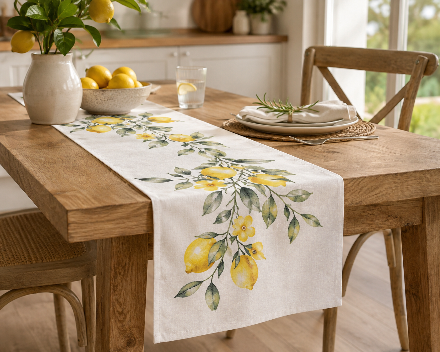 Watercolor lemon branch table runner, citrus kitchen linen