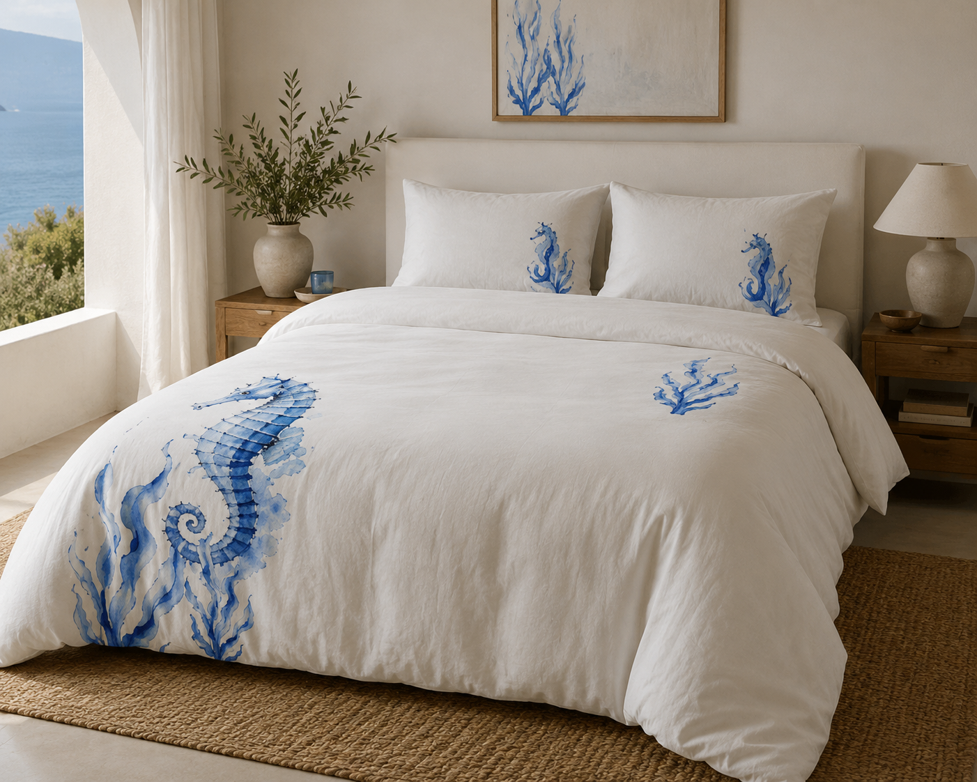 Seahorse coastal bed set, blue coral and seahorse bedding