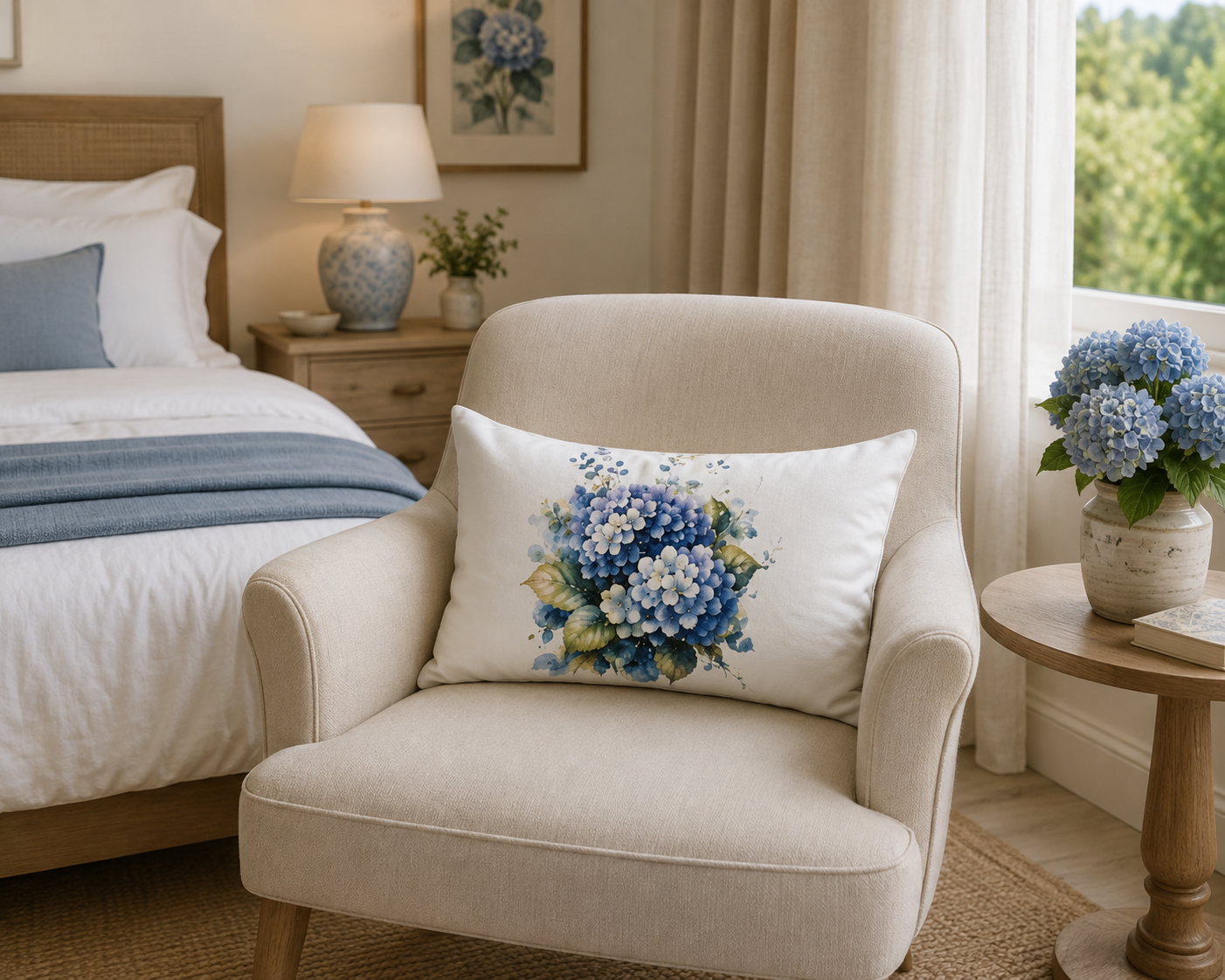 Blue hydrangea watercolor pillow cover, floral cotton cushion