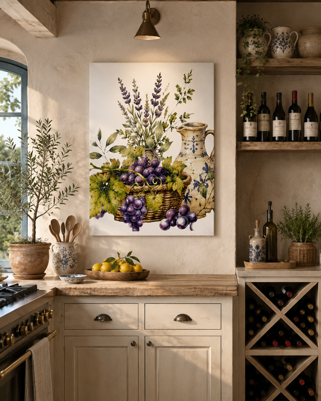Grape and lavender still life canvas print, Tuscan kitchen art
