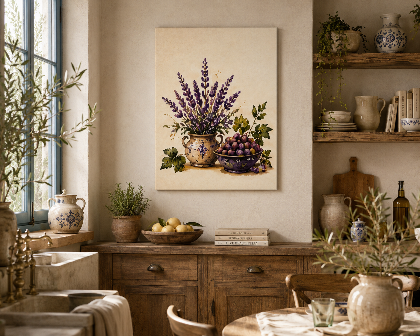 Lavender and fruit still life matte canvas wall art