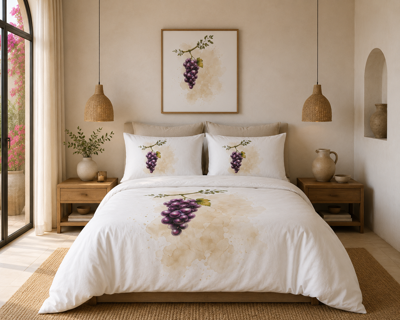 Grape vine cotton bed set, botanical purple grape bedding
