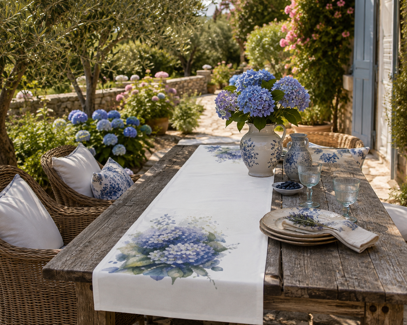 Hydrangea Dream table runner, Mediterranean floral cotton runner