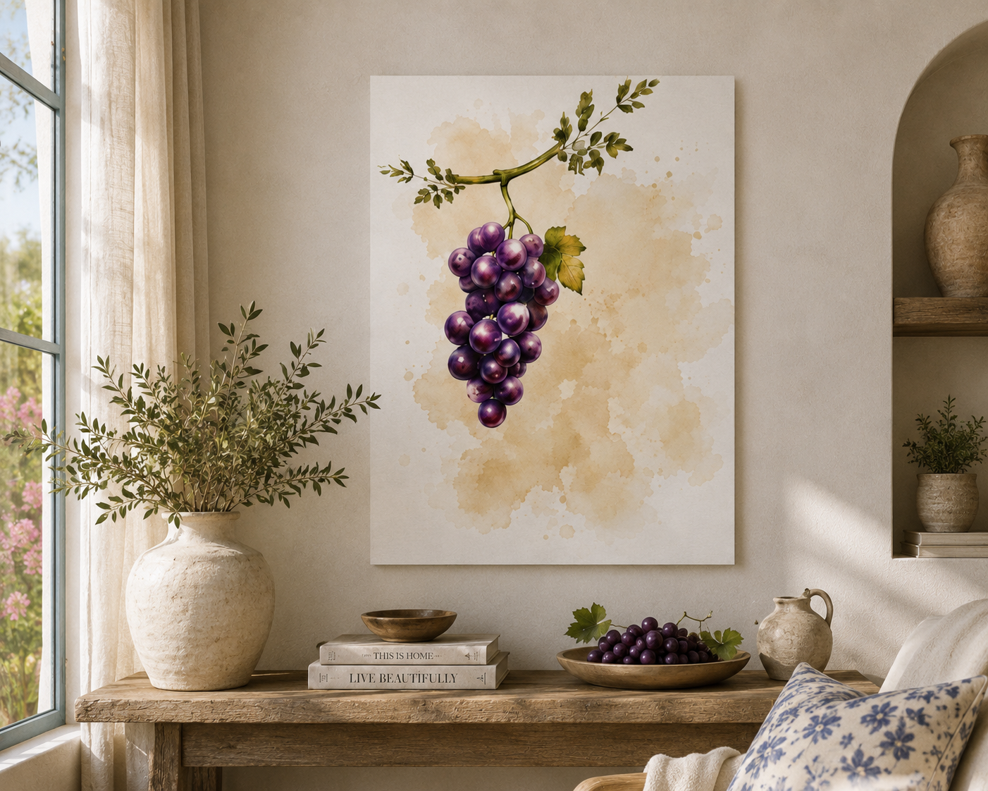 Grape watercolor canvas print, vineyard stretched matte wall art