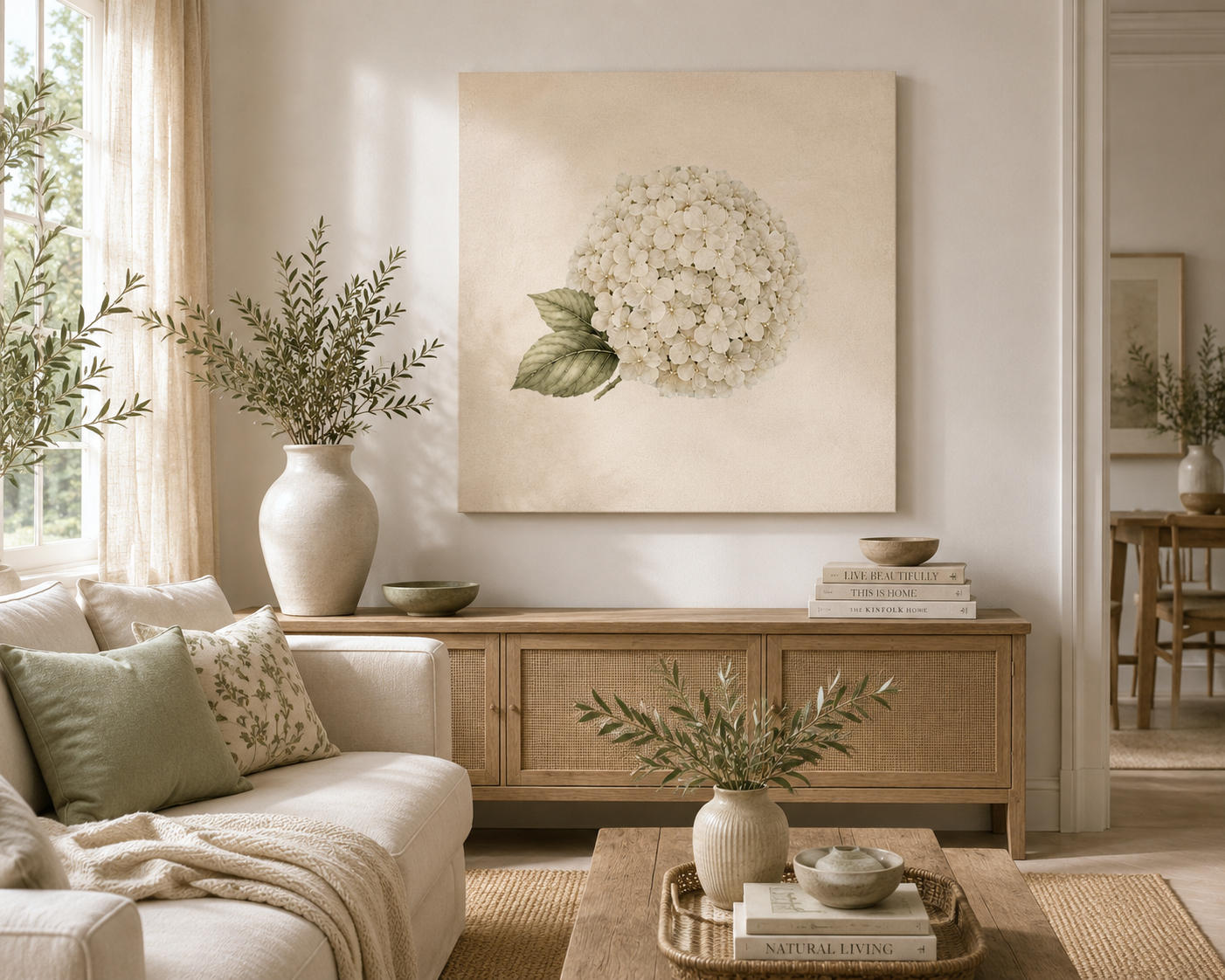 White hydrangea botanical wall art, Still Bloom canvas print