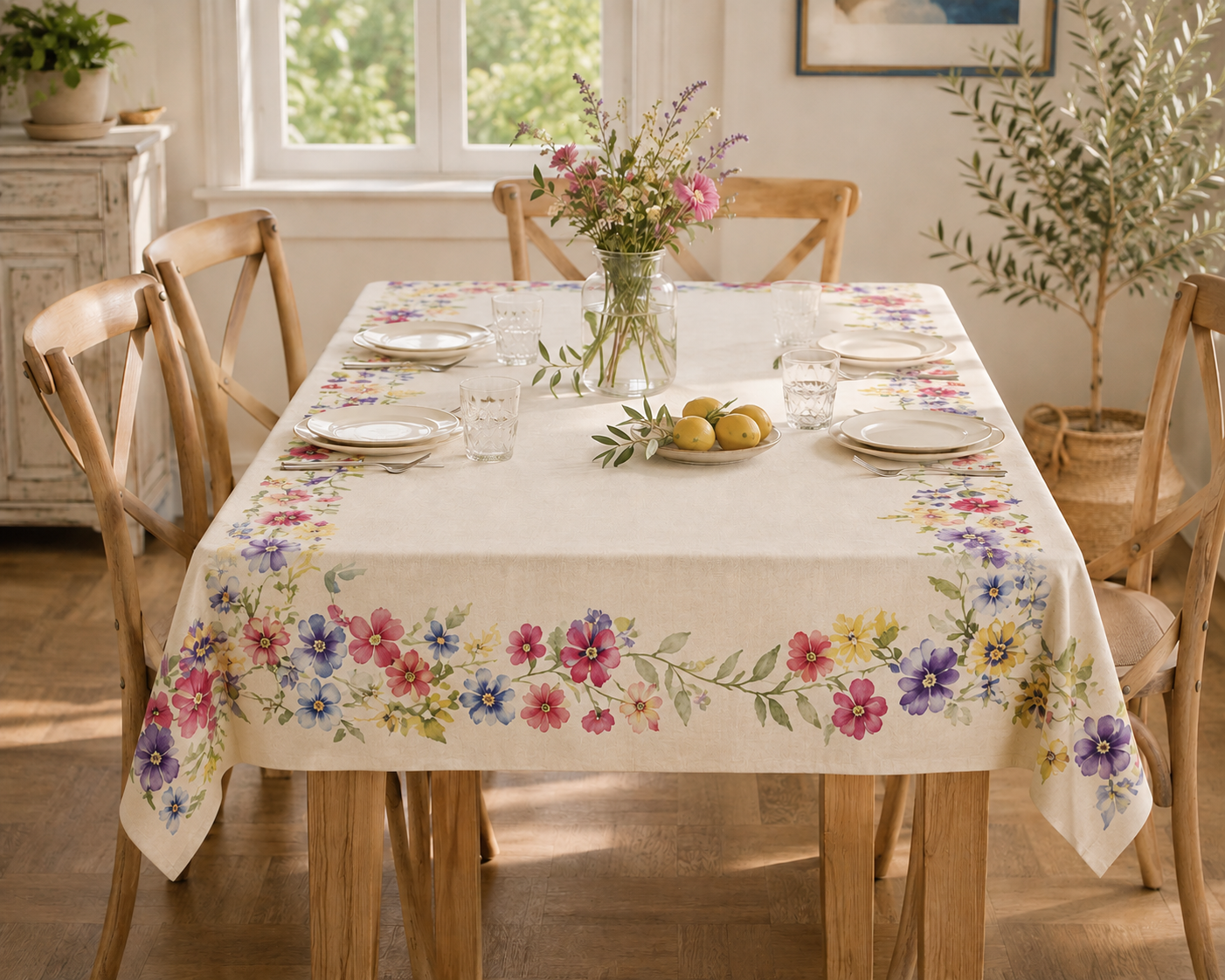 Floral wildflower tablecloth, watercolor garden party linen