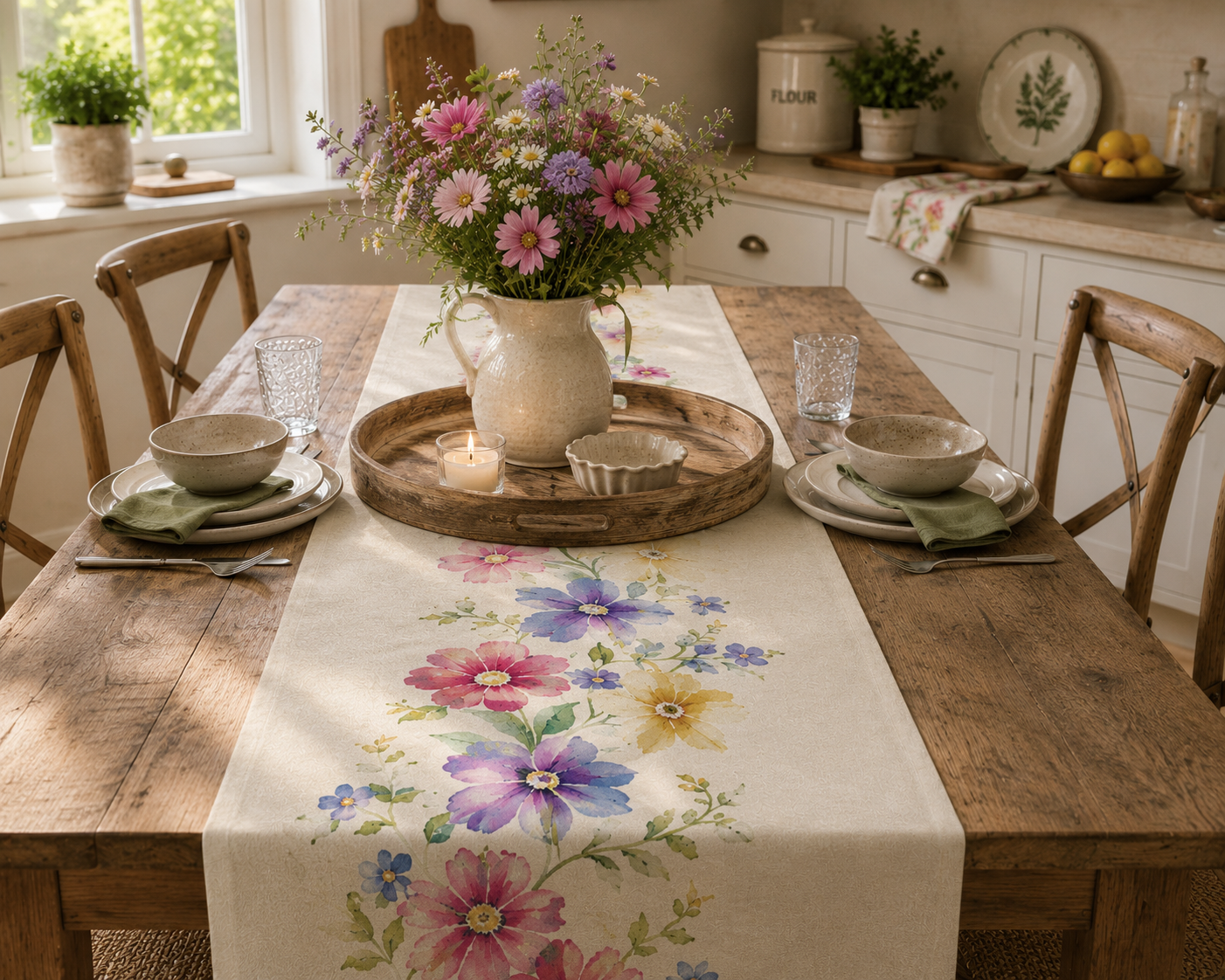 Garden Reverie floral table runner, watercolor wildflower dining decor