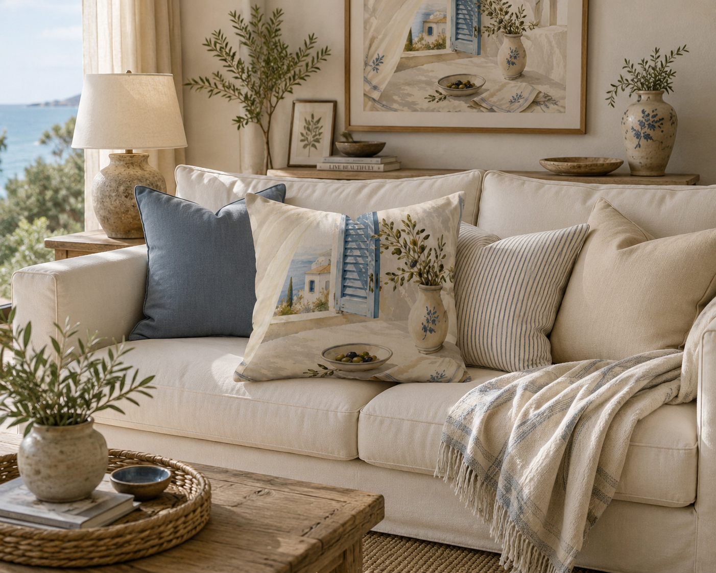 Window Stories Mediterranean throw pillow, coastal blue window