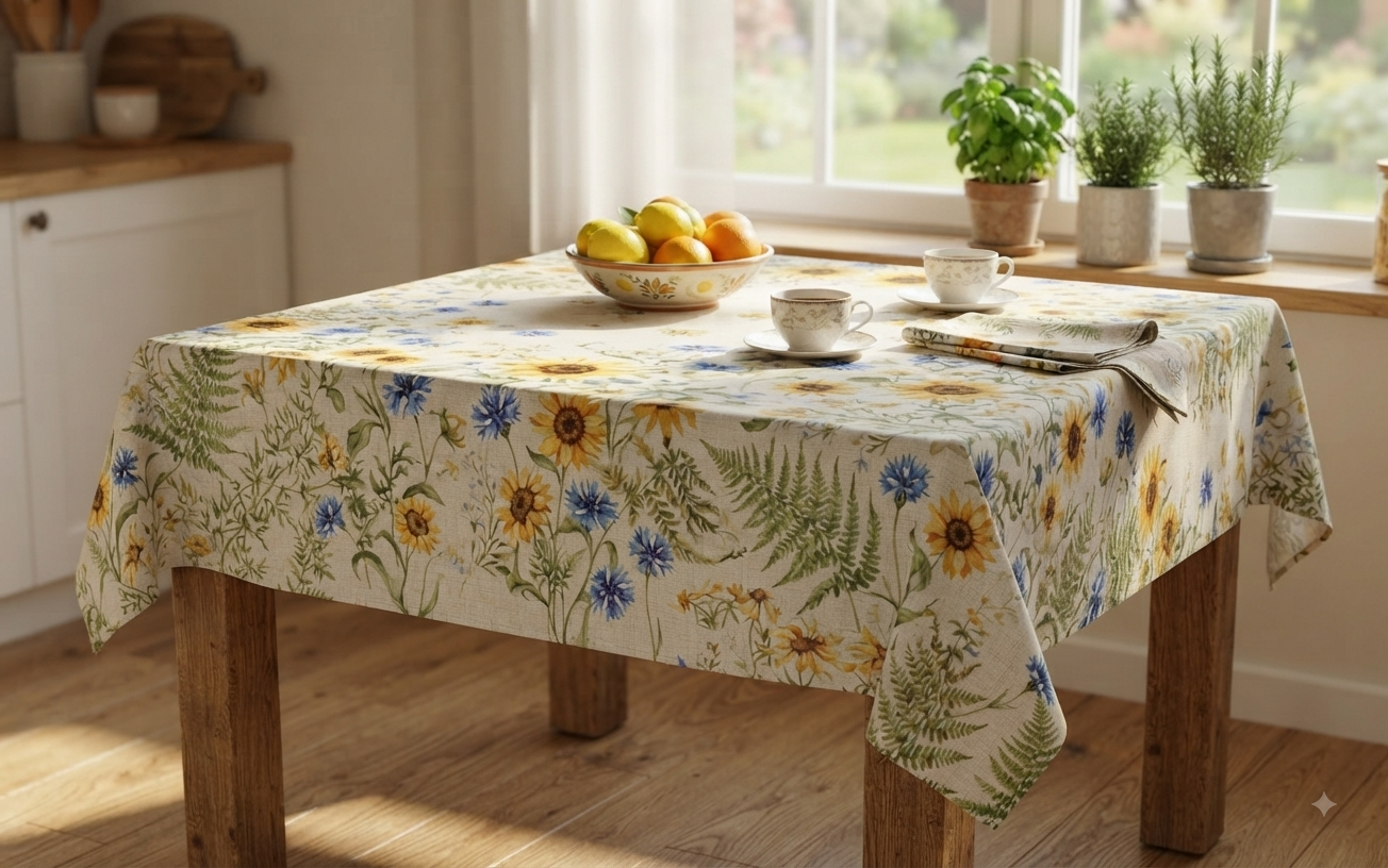 Watercolor sunflower and wildflower tablecloth, cottagecore decor