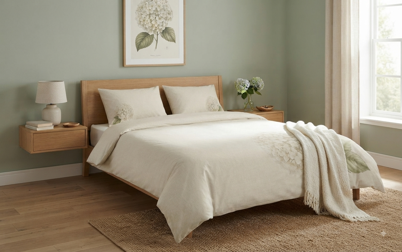 White hydrangea bedding set, Still Bloom cotton duvet cover
