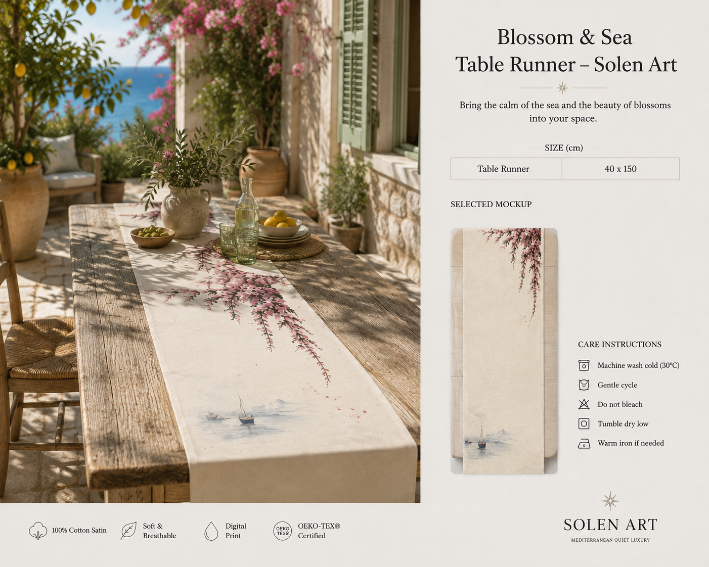 Watercolor cherry blossom table runner styled on dining table