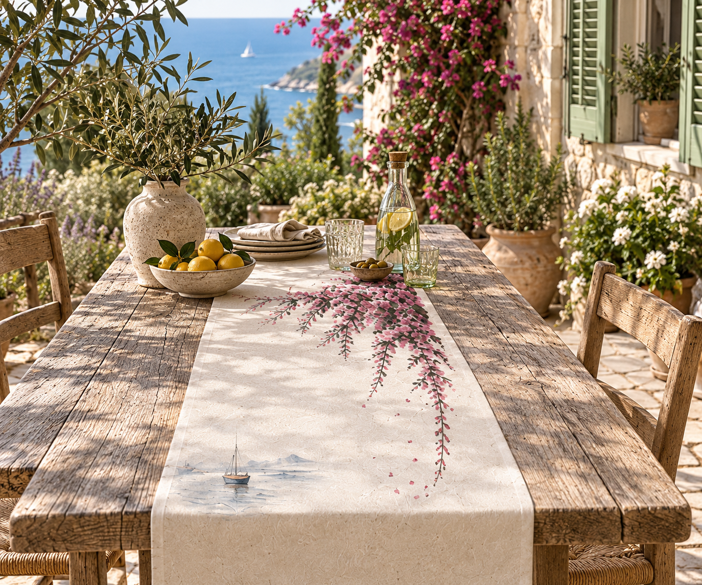 Blossom and sea table runner with cherry blossom and sailboat print