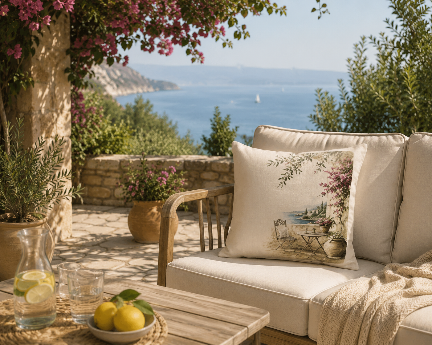 Mediterranean terrace throw pillow cover, coastal cafe scene
