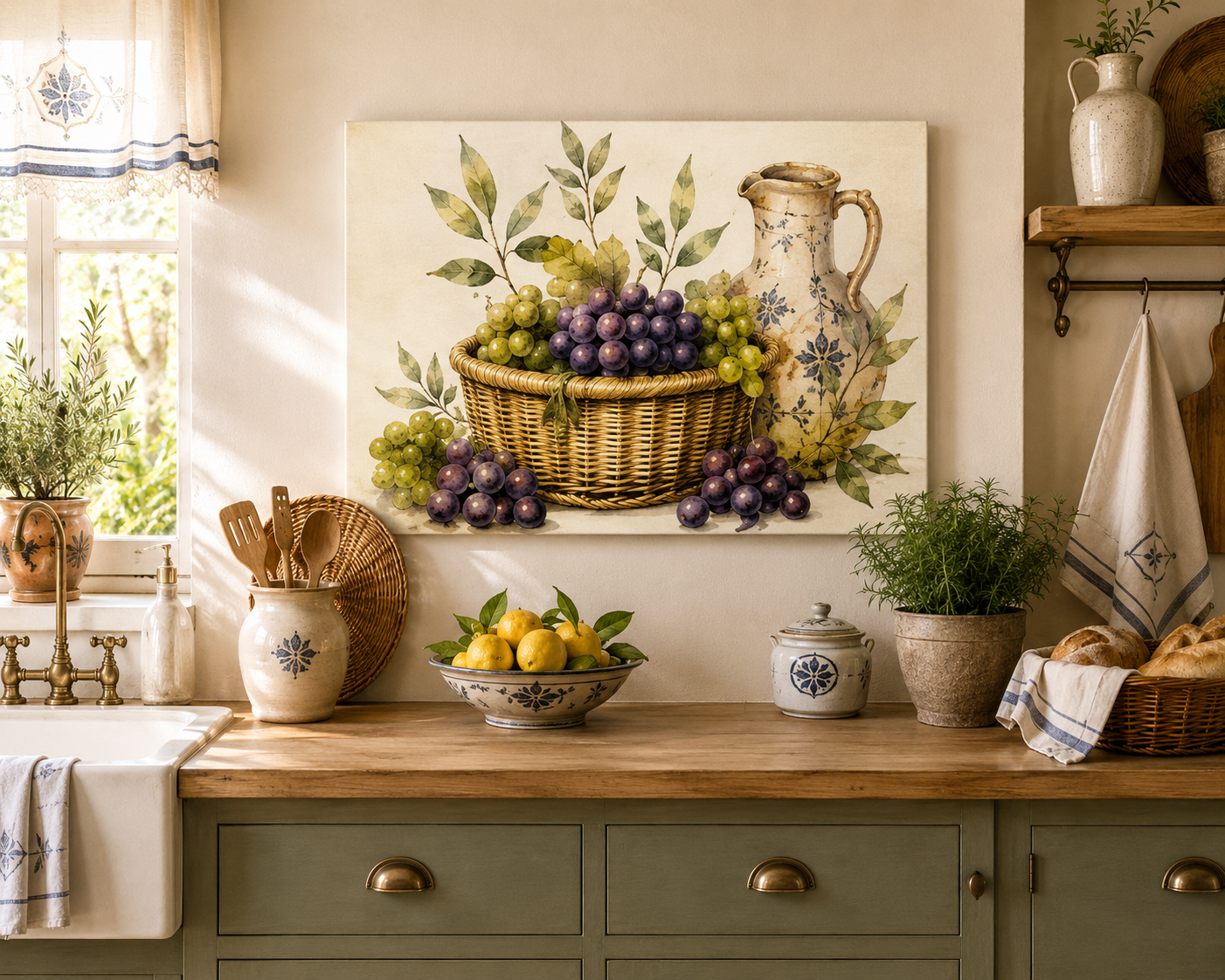 Grapes & Pitcher Matte Canvas Wall Art — Rustic Kitchen Decor - Solen