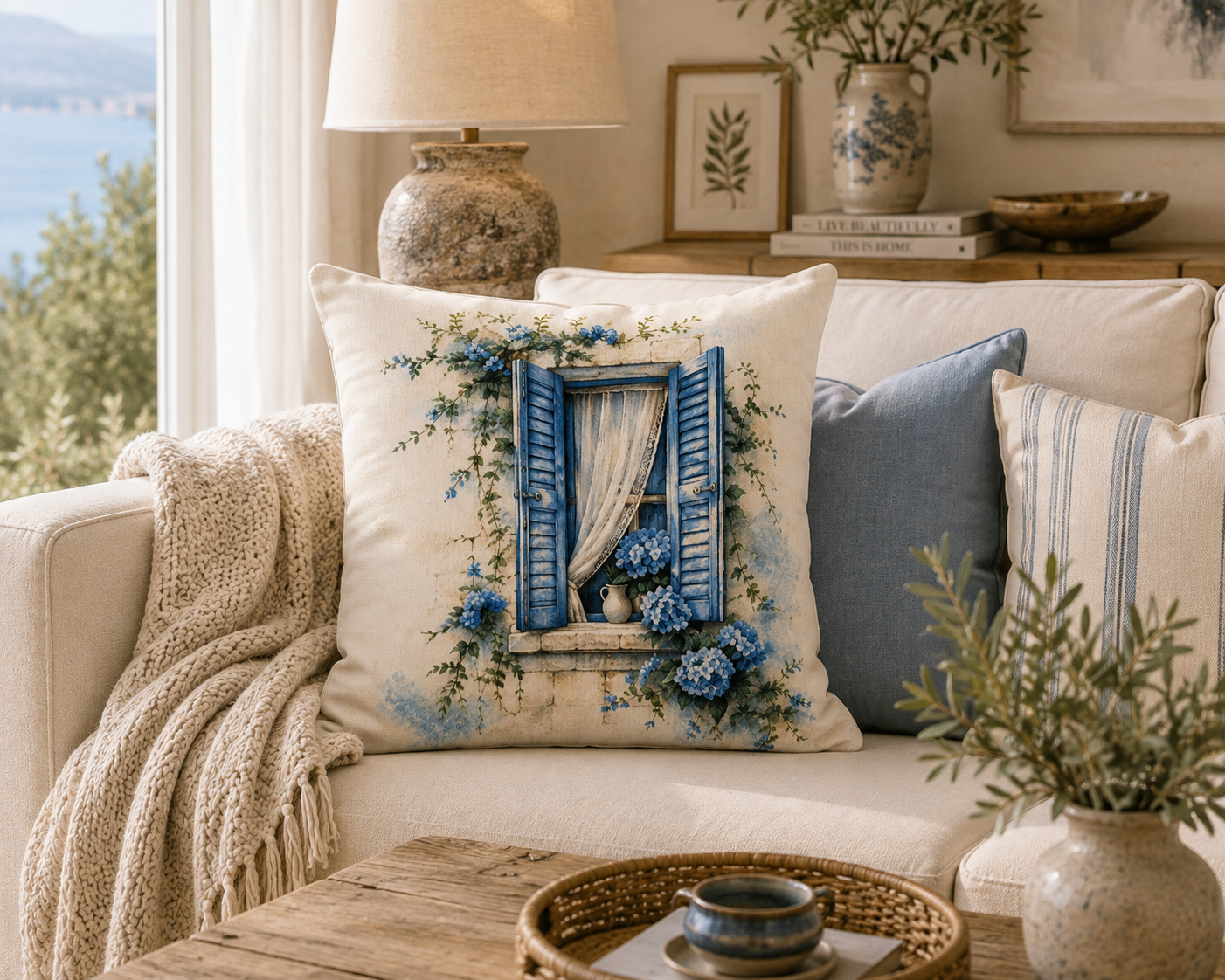 Blue Shutter Window with Hydrangeas Pillowcase - Solen