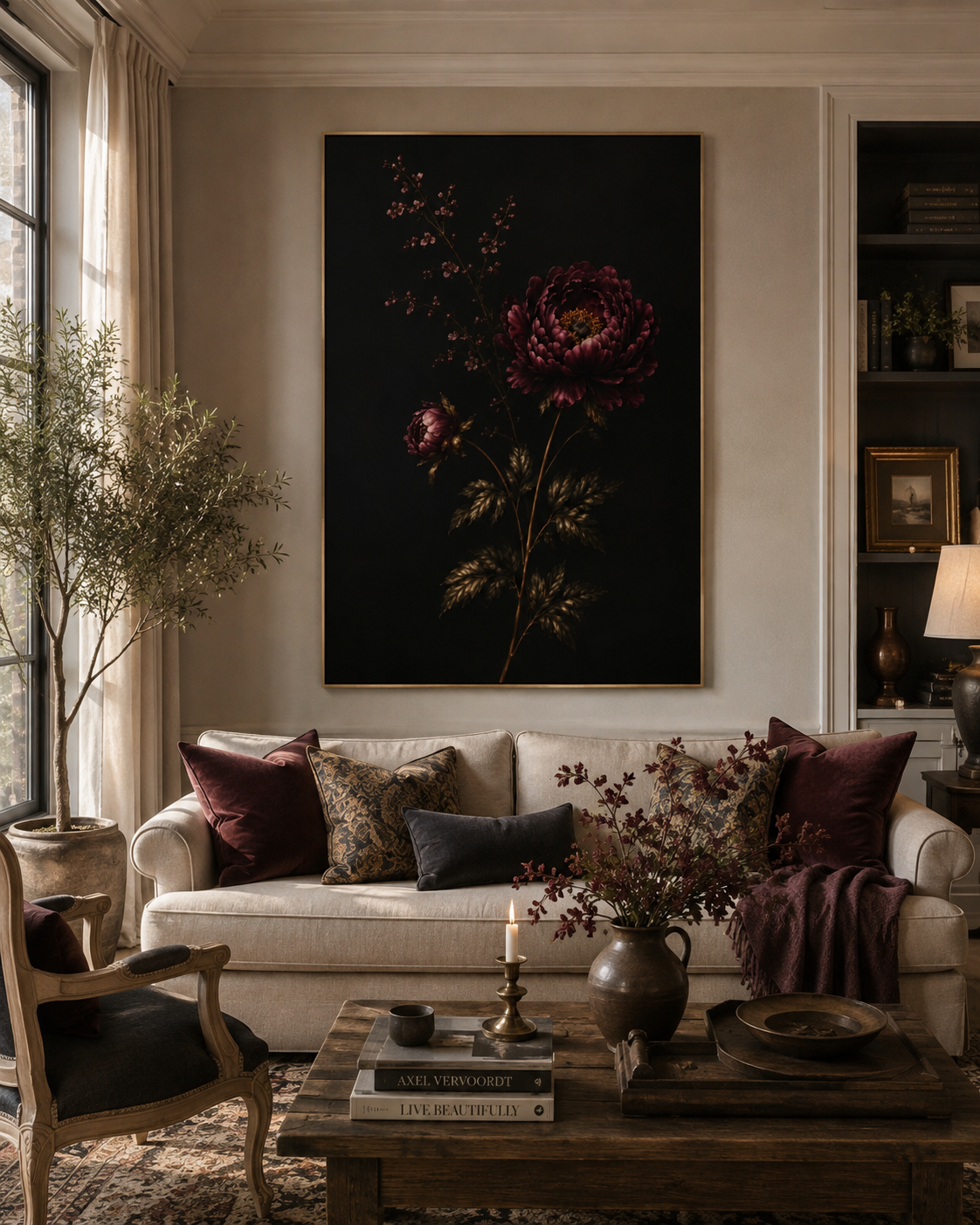 Dark Peony Canvas Wall Art, Moody Black Floral Print, Vintage Botanical Painting, Midnight Bloom Wall Decor, Solen