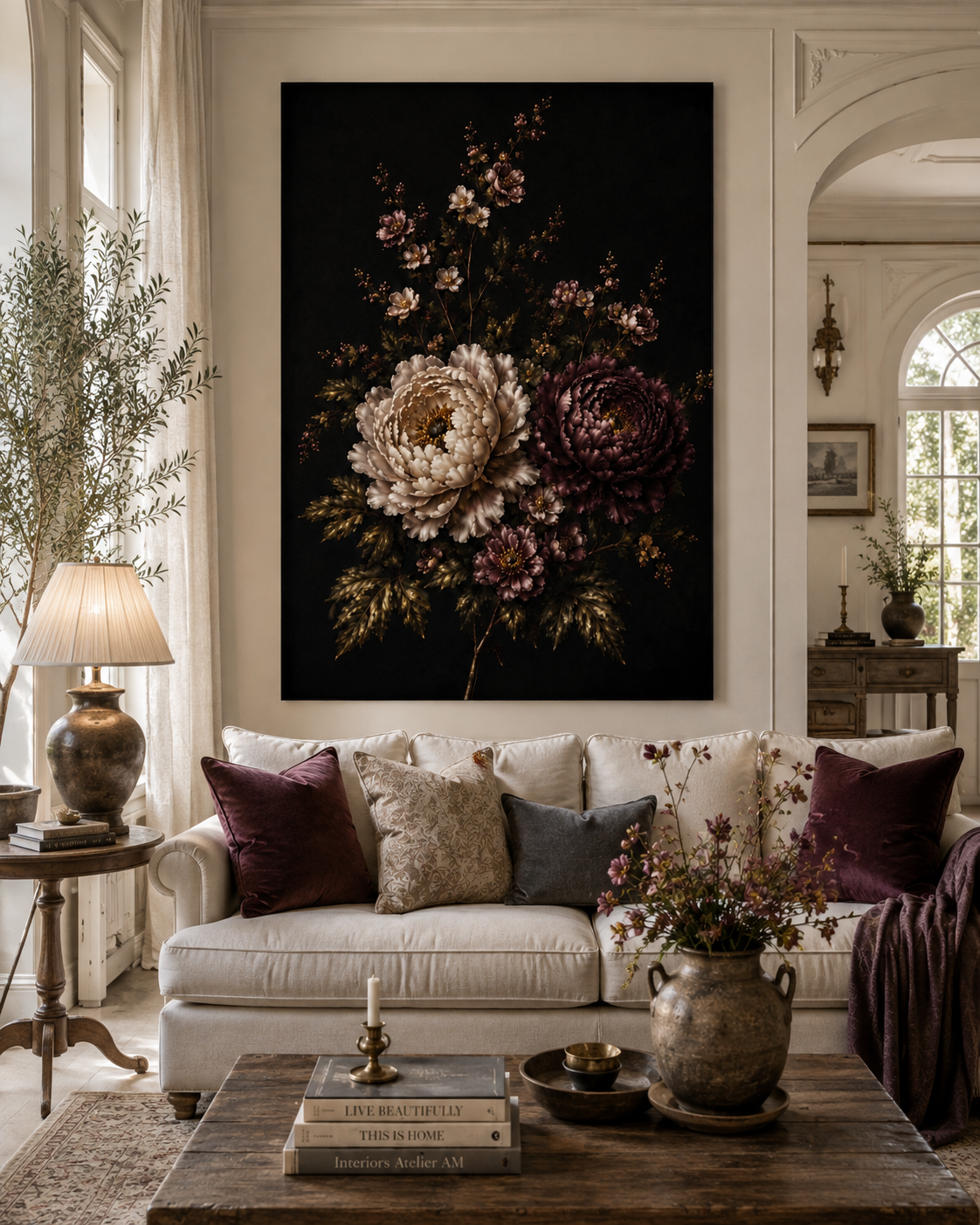 Dark Floral Canvas Wall Art, Ivory & Burgundy Peony Bouquet, Moody Botanical Painting on Black, Vintage Flower Wall Decor, Solen