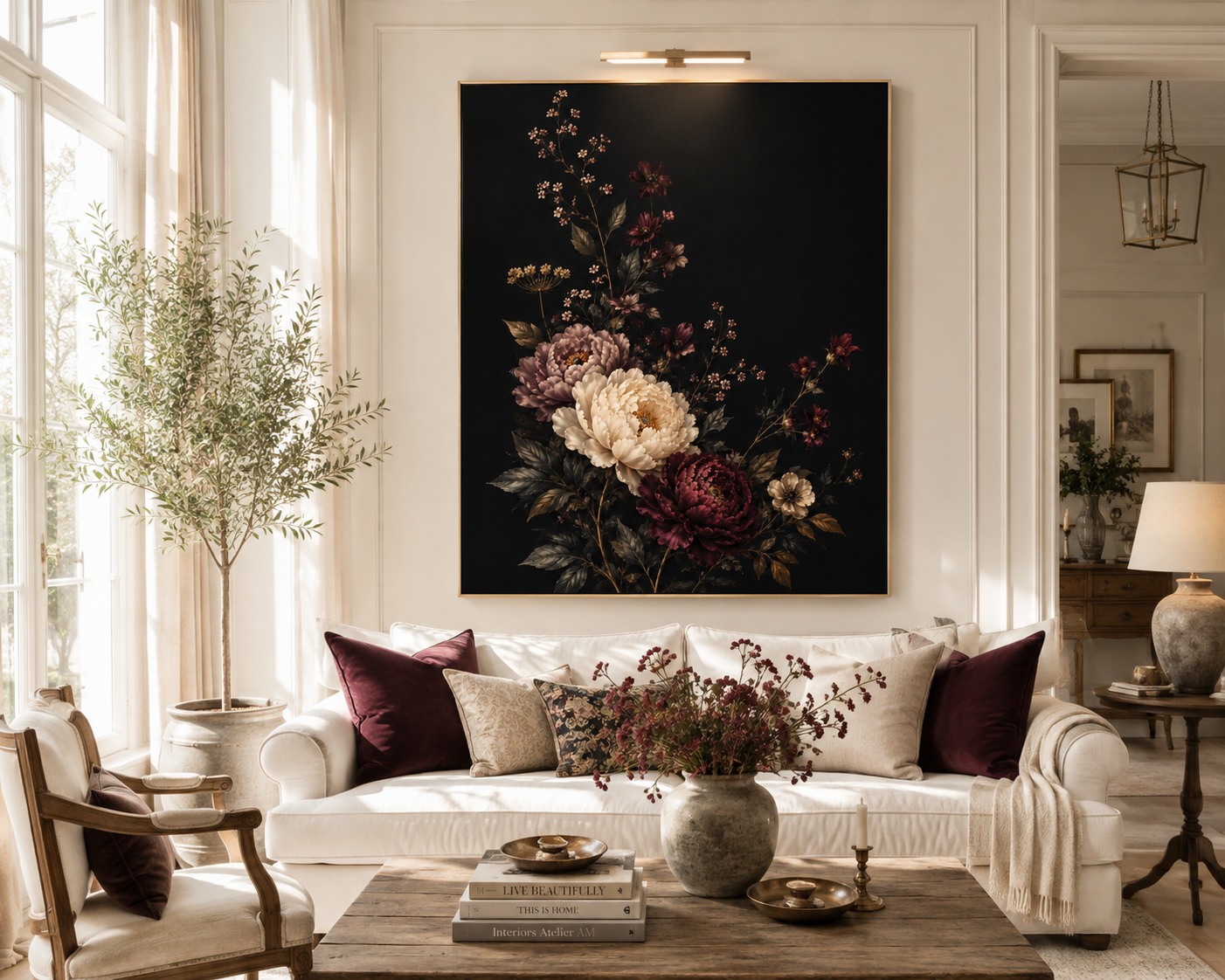 Dark Floral Canvas Wall Art, Ivory & Burgundy Peony Garden, Moody Botanical Painting on Black, Vintage Flower Wall Decor, Solen