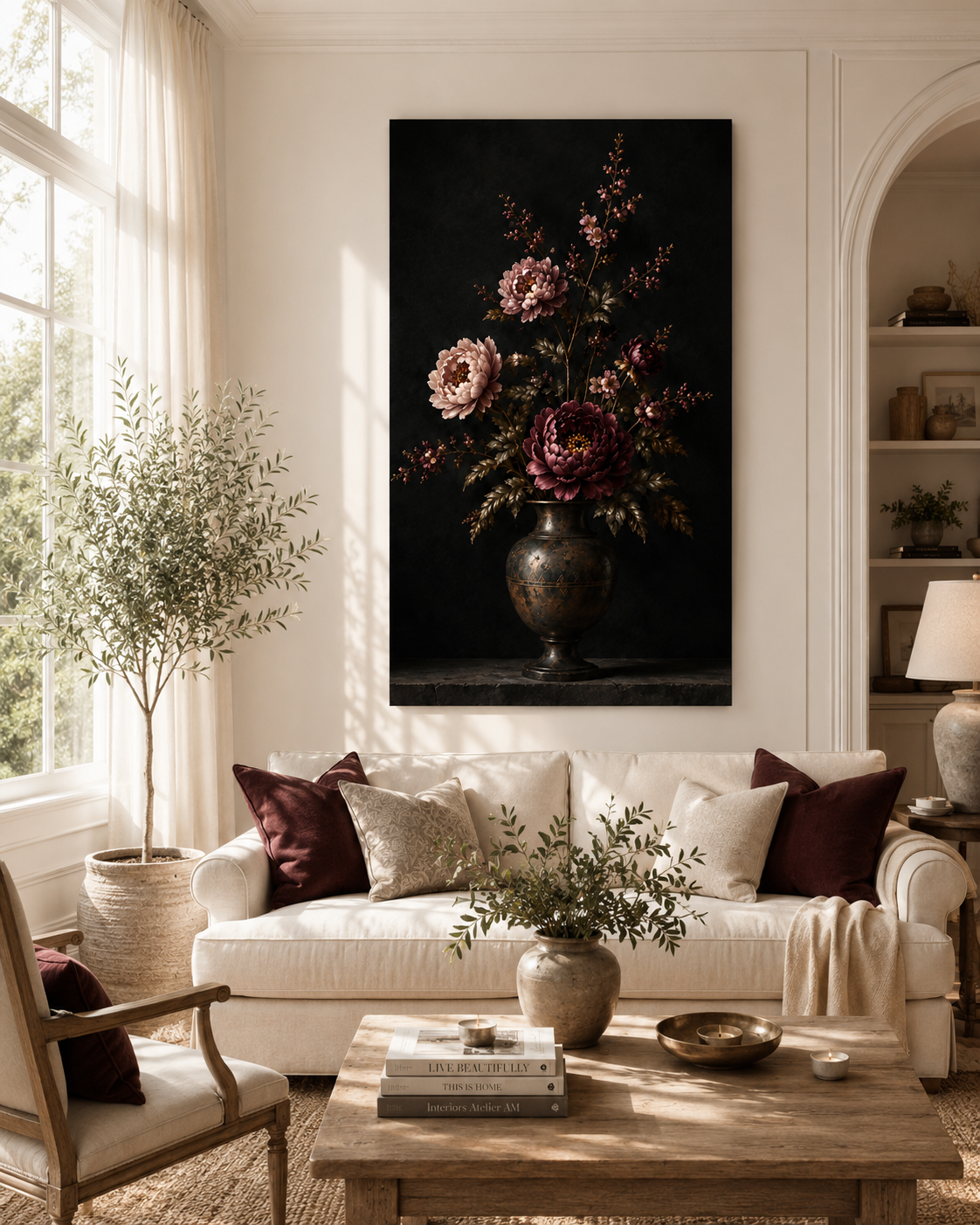 Dark Floral Canvas Wall Art, Antique Bronze Vase with Peonies, Moody Botanical Still Life on Black, Vintage Flower Wall Decor, Solen
