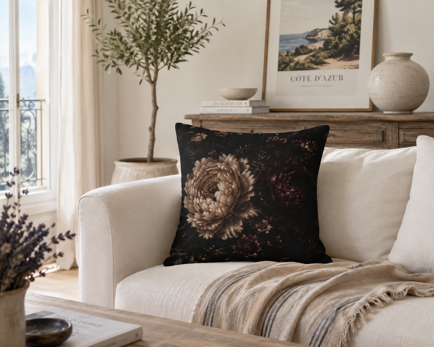 Vintage Floral Throw Pillow Cover | Dark Botanical Peony Print | Moody Flemish Style Home Decor | Antique Bloom Accent Pillow- Solen