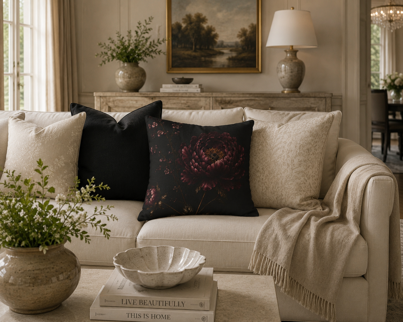 Dark Botanical Peony Throw Pillow - Moody Burgundy Floral Print - Vintage Flemish Style Decor - Solen