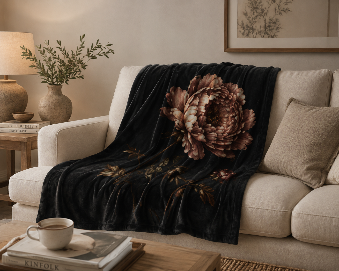 Velveteen Plush Blanket – Vintage Peony Floral Print, Dark Moody Botanical Throw Blanket, Cozy Soft Home Decor Gift Bedroom
