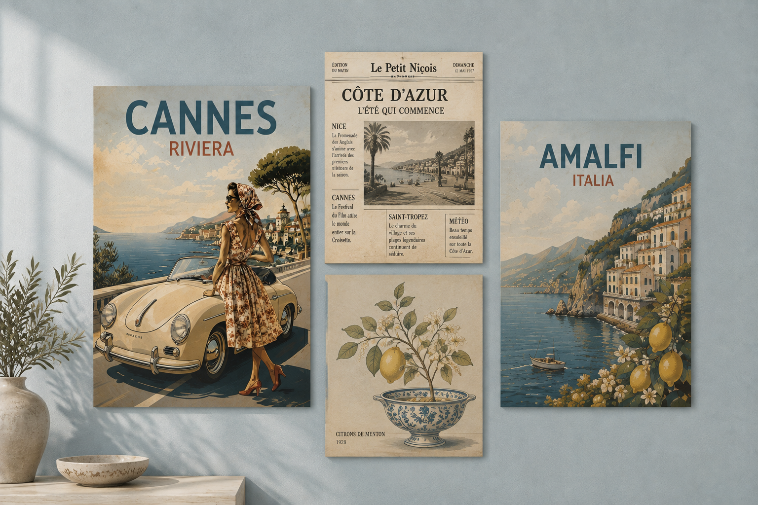 Cannes Riviera Poster, Vintage Travel Print, French Riviera Wall Art, Retro Car Poster, Coastal Decor, Mid Century Travel Art Print, Solen