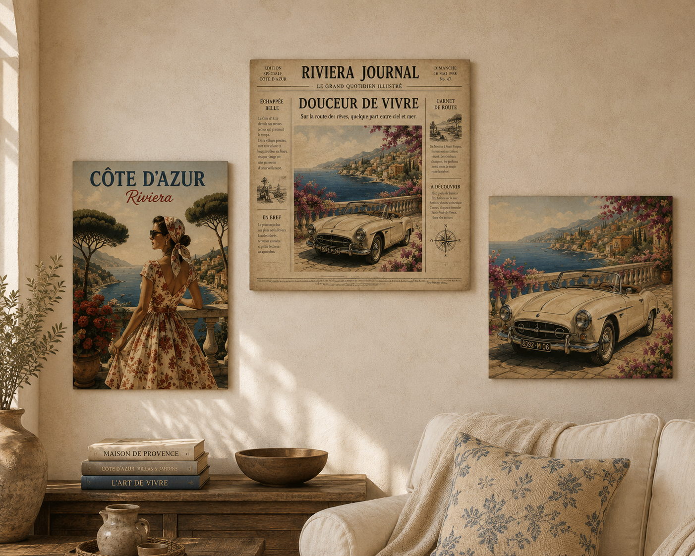 Vintage Car Poster, French Riviera Print, Classic Convertible Wall Art, Coastal Village Print, Retro Travel Illustration, Solen