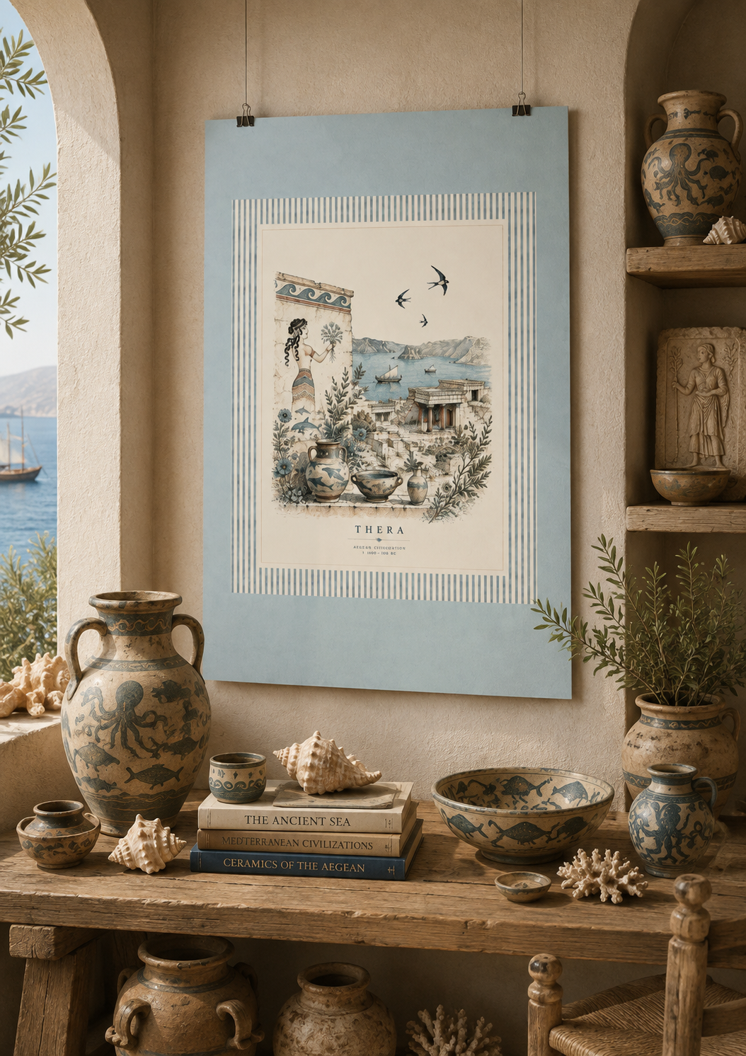 Thera Ancient Aegean Wall Art Print | Minoan Civilization Poster | Vintage Greek Mythology Illustration | Mediterranean Coastal Decor, Solen