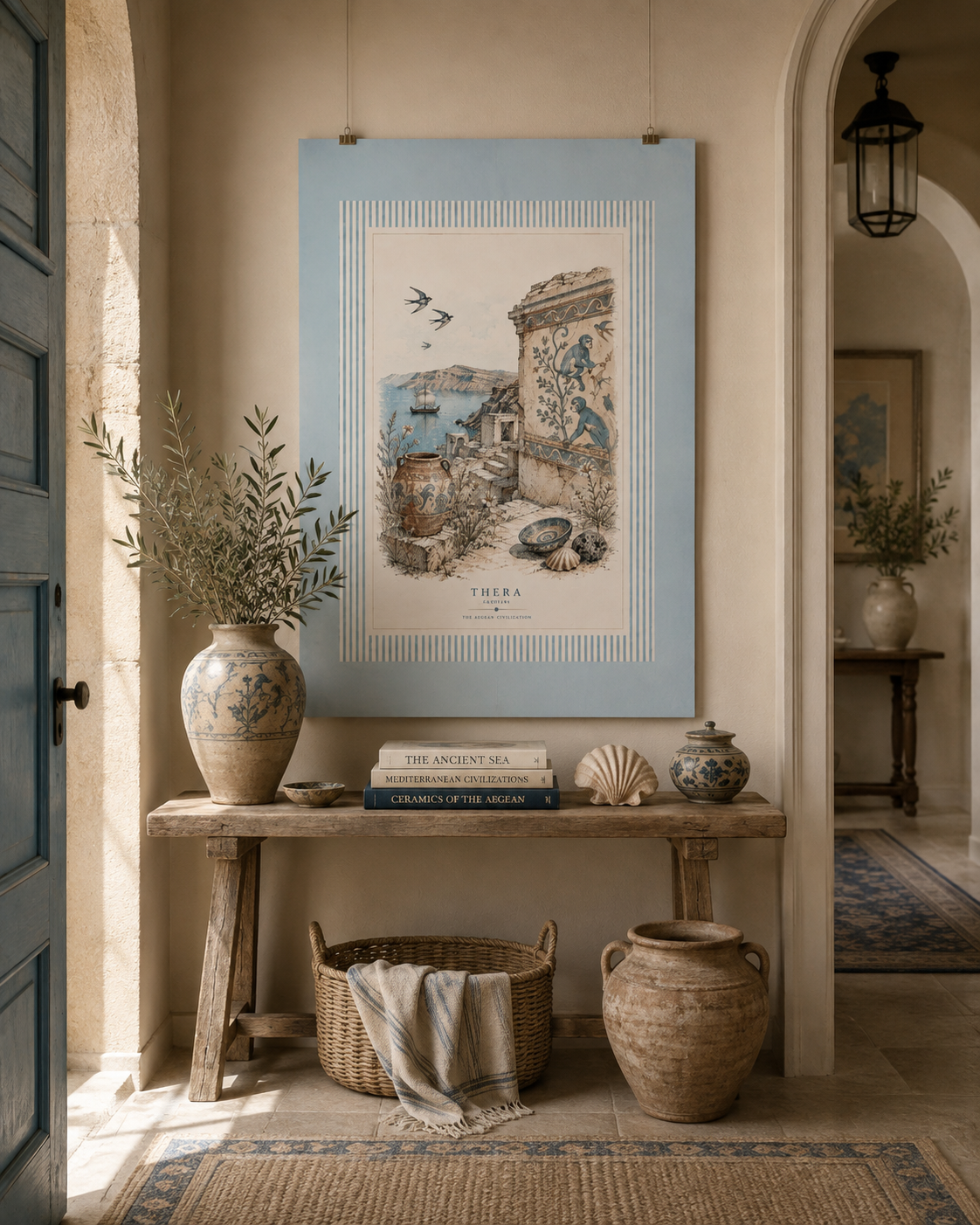Thera Aegean Fresco Wall Art Print | Ancient Mediterranean Poster | Vintage Monkey & Ruins Illustration | Coastal Blue Home Decor, Solen