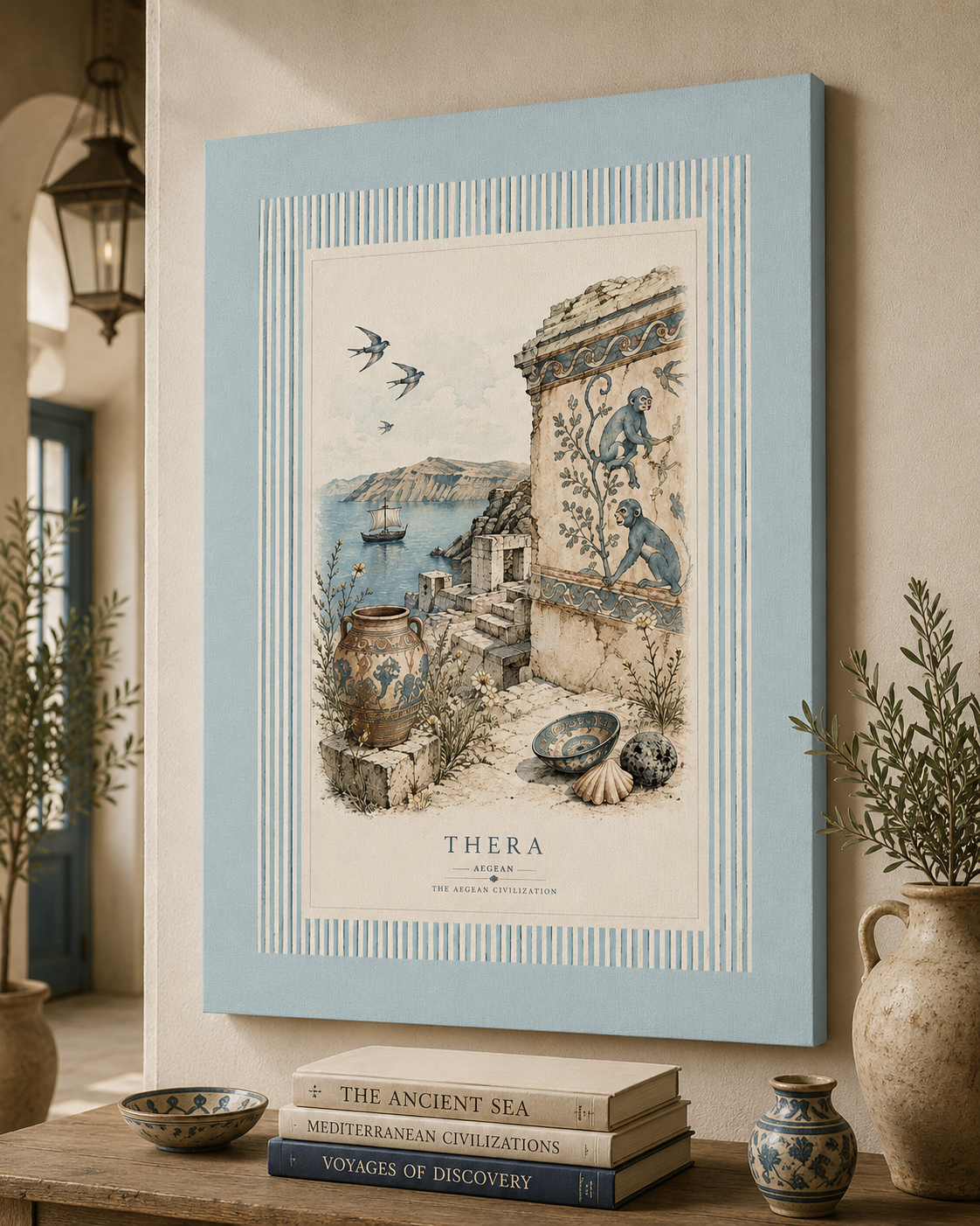 Thera Aegean Fresco Wall Art Print | Ancient Mediterranean Poster | Vintage Monkey & Ruins Illustration | Coastal Blue Home Decor, Solen