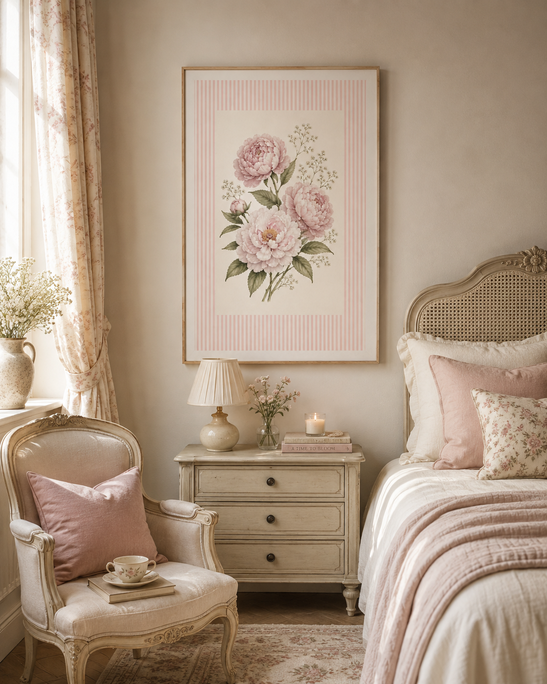 Ivory Peony Wall Art Print | Vintage Botanical Illustration | Blush Pink Striped Border | Atelier Solen Collection | Soft Floral Decor, Solen