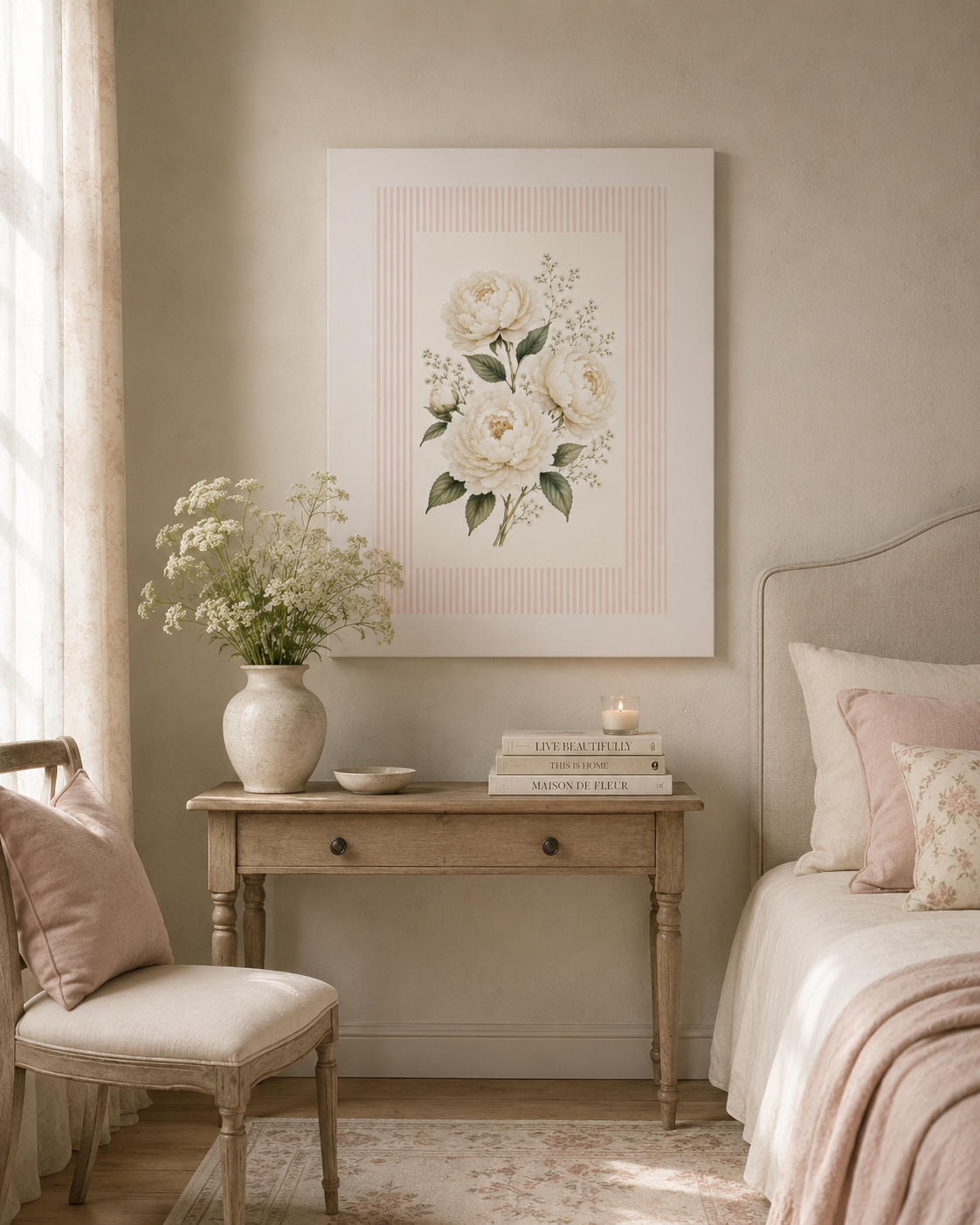 Ivory Peony Wall Art Print | Vintage Botanical Illustration | Blush Pink Striped Border | Atelier Solen Collection | Soft Floral Decor, Solen