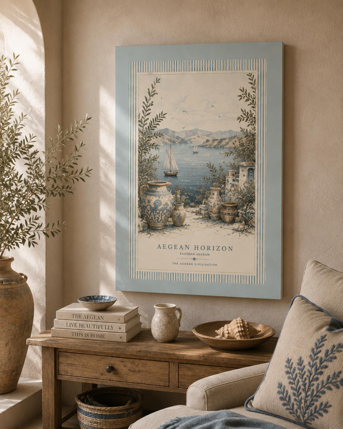 Eastern Aegean Coastal Illustration - Blue Ceramic Vase Art Decor - Mediterranean Coastal Wall Art - Solen