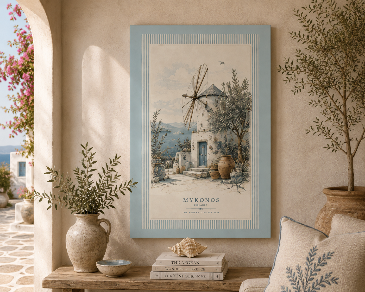 Mykonos Kiklades Wall Art Print , Vintage Greek Windmill Poster , Aegean Civilisation Illustration , Blue Striped Border Decor, Solen