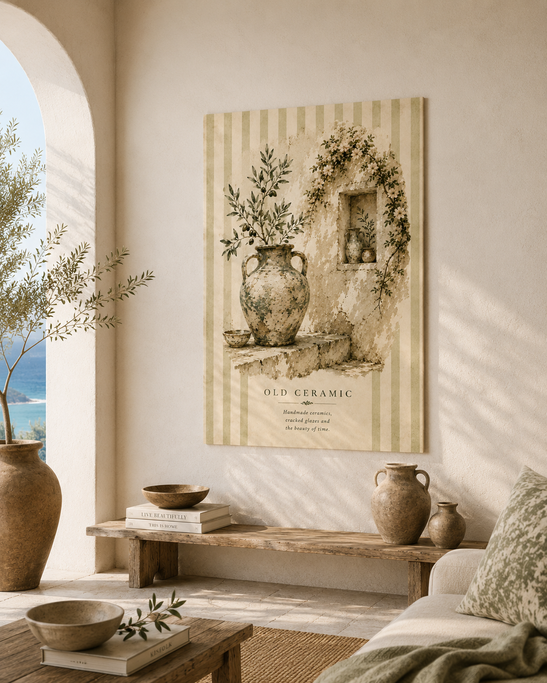 Old Ceramic Wall Art Print, Vintage Mediterranean Pottery Poster, Rustic Olive Branch Illustration, Sage Striped Wall Decor, Solen