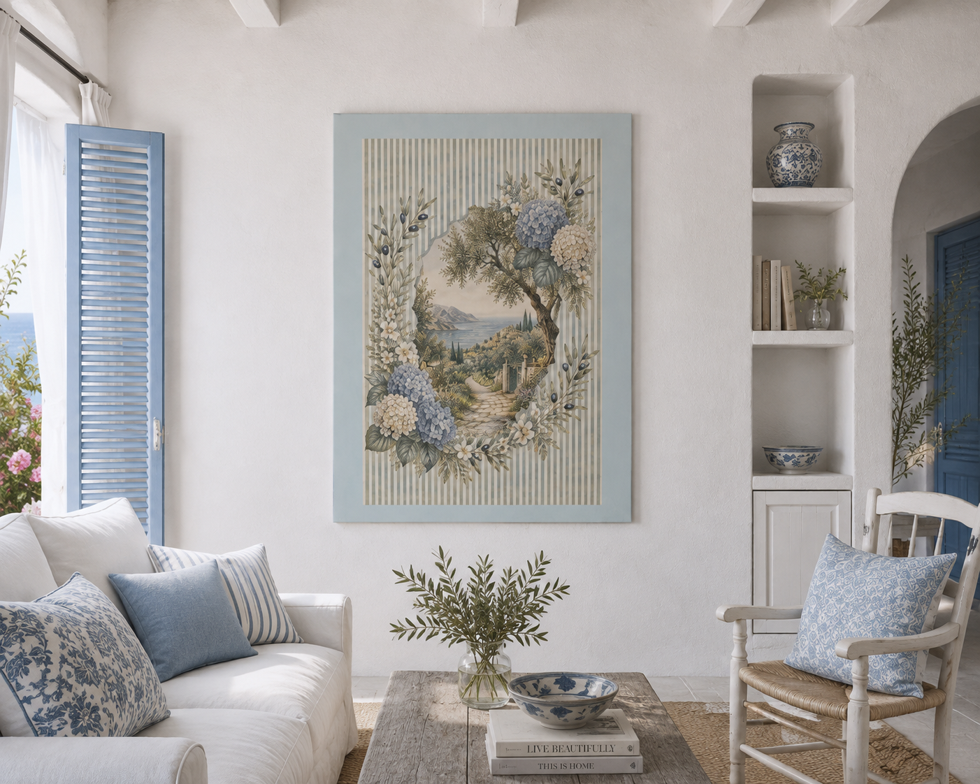 Coastal Garden Canvas Wall Art – Vintage Hydrangea Seaside Landscape
