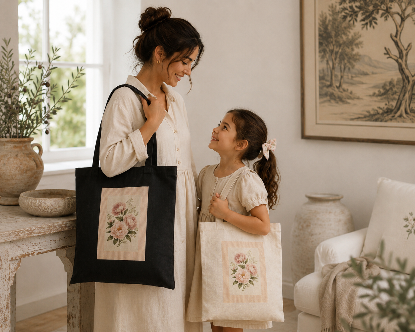 Floral Vintage Roses Canvas Tote Bag — Small Rose Bouquet Print