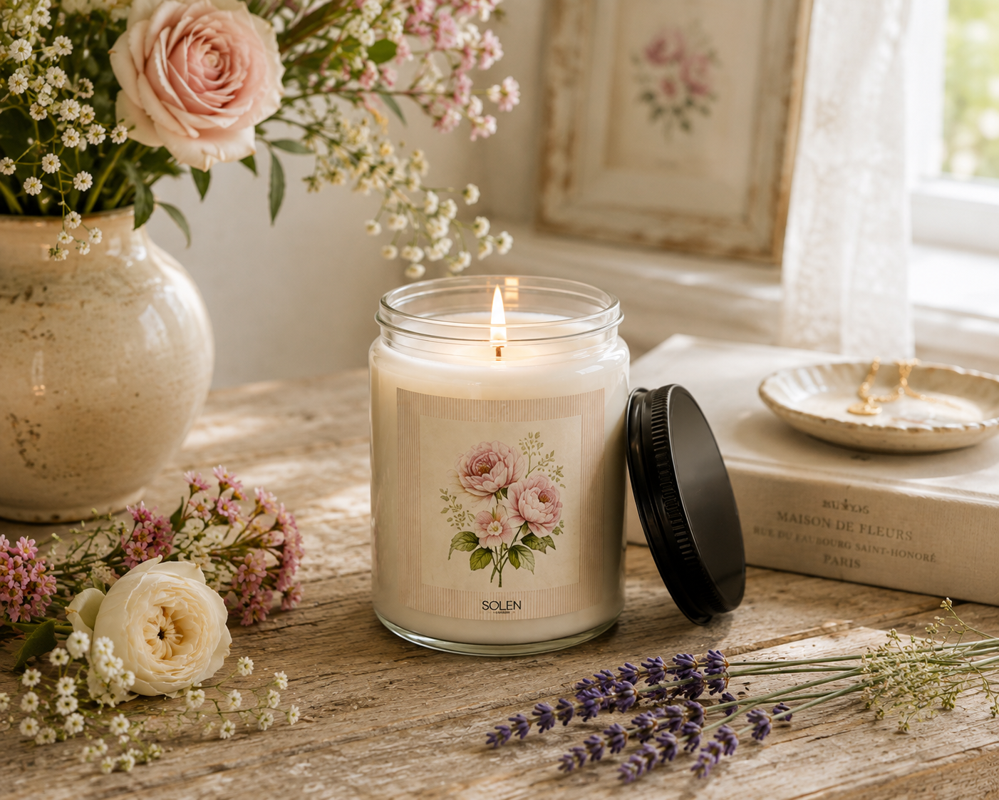 9oz Scented Soy Candle — Vintage Rose Floral Jar