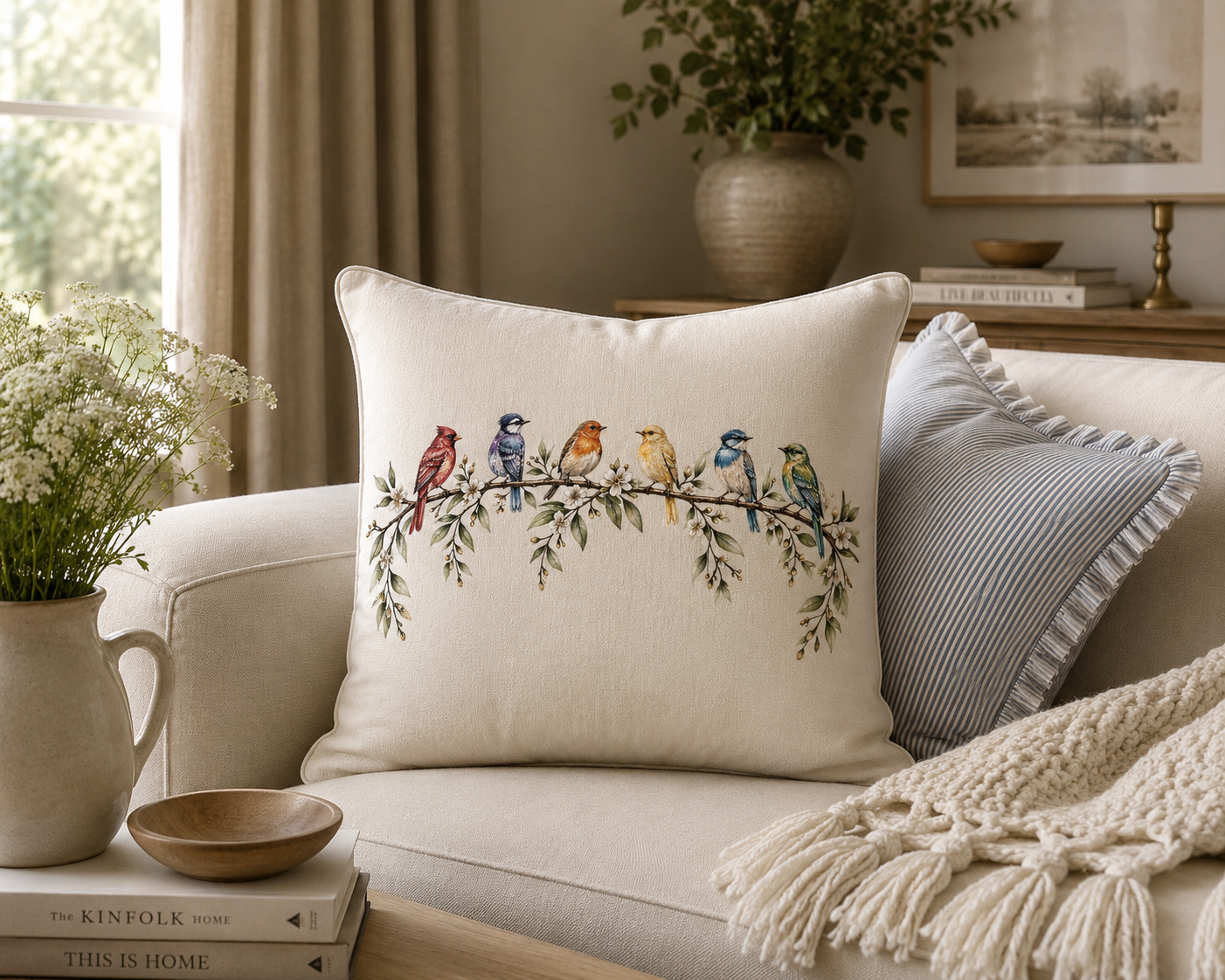 Bird Throw Pillow Cover - Watercolor Songbird Cushion - Botanical Bird Decor Pillow - Nature Lover Gift - Farmhouse Cottagecore - Solen